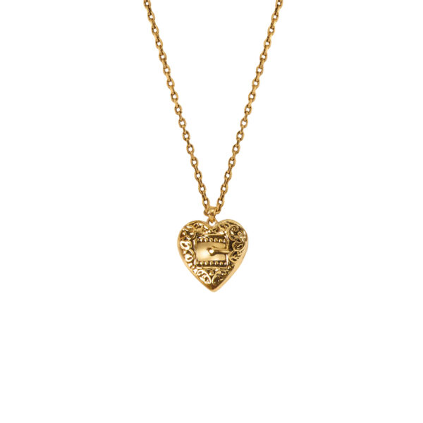 Gold Belted Heart Charm Necklace heart pendant showing filigree texture and polished finish, white background