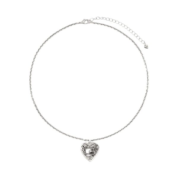 belted-heart-necklace-silver-filigree-heart-charm-front Dainty Silver Belted Heart Necklace with ornate heart pendant, lobster clasp and adjustable extender chain
