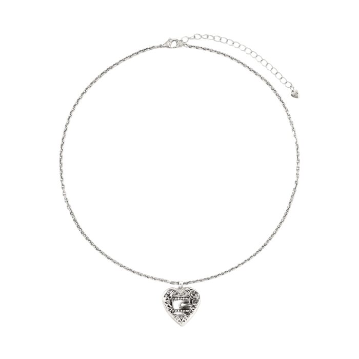 Dainty Silver Belted Heart Necklace with ornate heart pendant, lobster clasp and adjustable extender chain