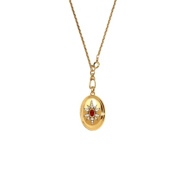 celestial-starburst-gold-locket-pendant-necklace-crystals Celestial starburst gold locket pendant necklace with red center stone and clear crystals
