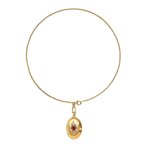 Clara photo locket necklace in gold, openable oval locket with clasp chain, front view