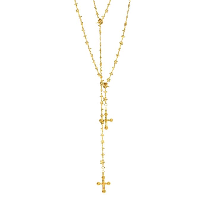 Front view of Daisy Molecule Chain multi-layer gold rosary necklace with double cross pendants