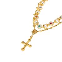 Gold Daisy Molecule Necklace Set close-up showing pearl strand and gemstone with cross details