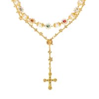 Gold Daisy Molecule Necklace Set product photo with colorful gemstone pearls and cross
