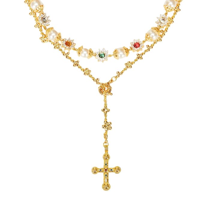 Gold Daisy Molecule Necklace Set product photo with colorful gemstone pearls and cross