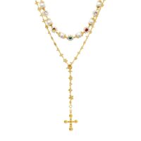 Gold-tone Daisy Molecule Necklace Set featuring glass pearls and CZ cross