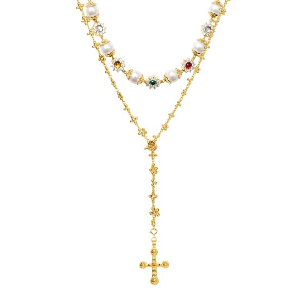 Gold-tone Daisy Molecule Necklace Set featuring glass pearls and CZ cross