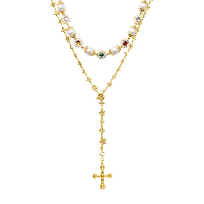 Gold-tone Daisy Molecule Necklace Set featuring glass pearls and CZ cross