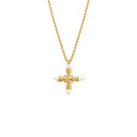 Studio shot of Florence Cross Golden Necklace highlighting the ornate gold cross texture and pearl tips