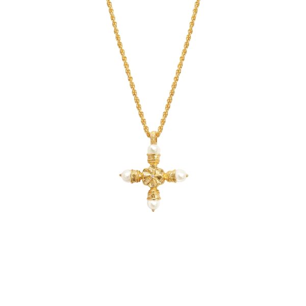 Studio shot of Florence Cross Golden Necklace highlighting the ornate gold cross texture and pearl tips
