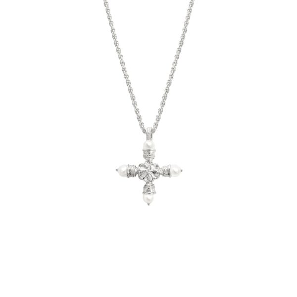Silver-tone Florence Pearl Cross Necklace with pearl details and vintage-style cross texture photographed on white, Coquette Jewelry styling