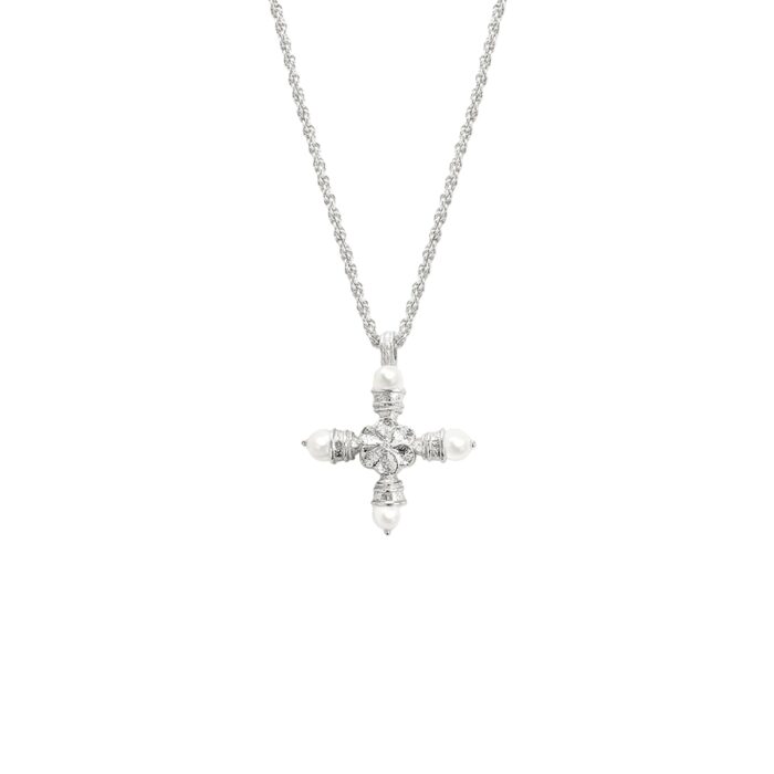 Silver-tone Florence Pearl Cross Necklace with pearl details and vintage-style cross texture photographed on white, Coquette Jewelry styling
