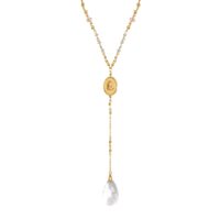 gold lariat necklace with crystal drop faceted teardrop glass crystal pendant on gold-tone chain