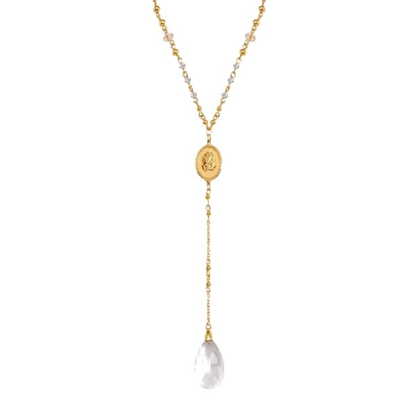gold lariat necklace with crystal drop faceted teardrop glass crystal pendant on gold-tone chain