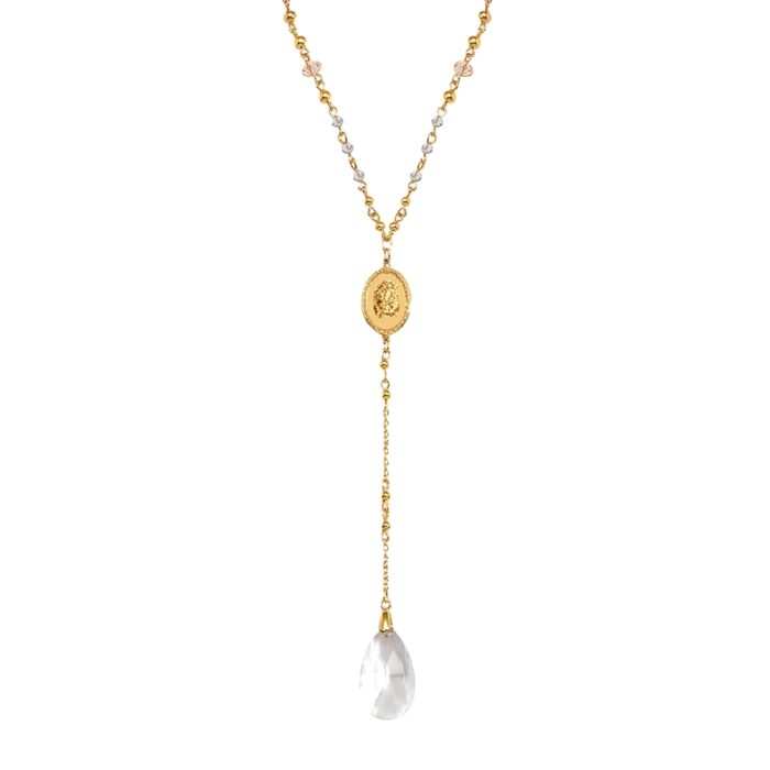 gold lariat necklace with crystal drop faceted teardrop glass crystal pendant on gold-tone chain