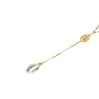 gold lariat necklace with crystal drop rosary-inspired design with faceted clear teardrop crystal pendant