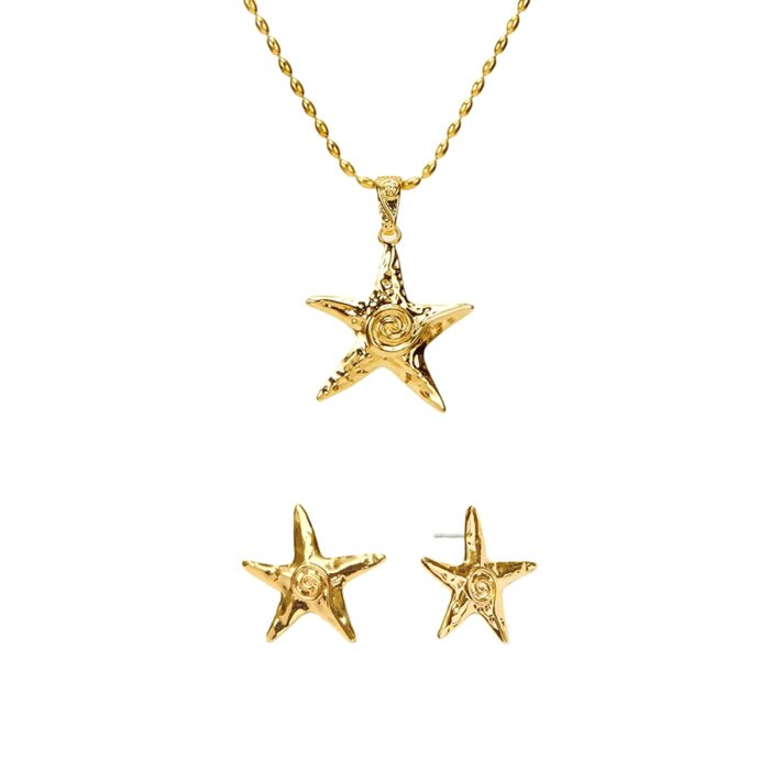 Gold starfish pendant necklace with matching starfish stud earrings, jewelry set product photo