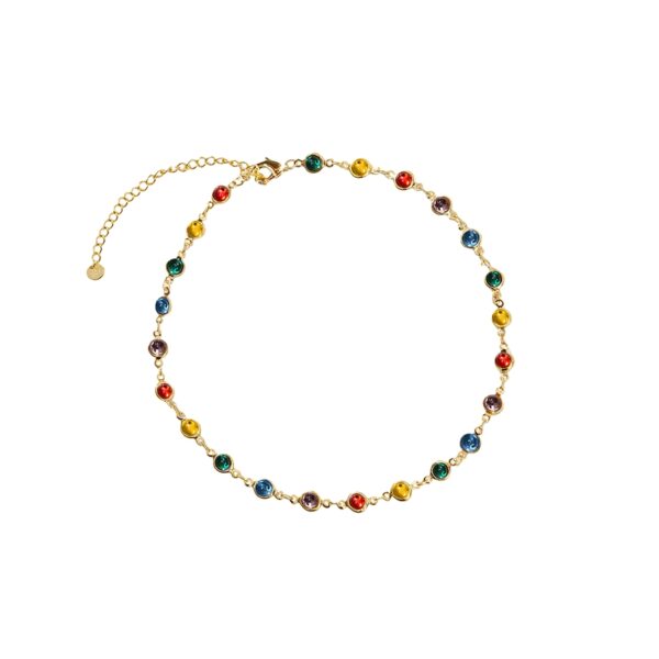 Infinity Choker Necklace rainbow station choker with bezel-set resin stones on white background