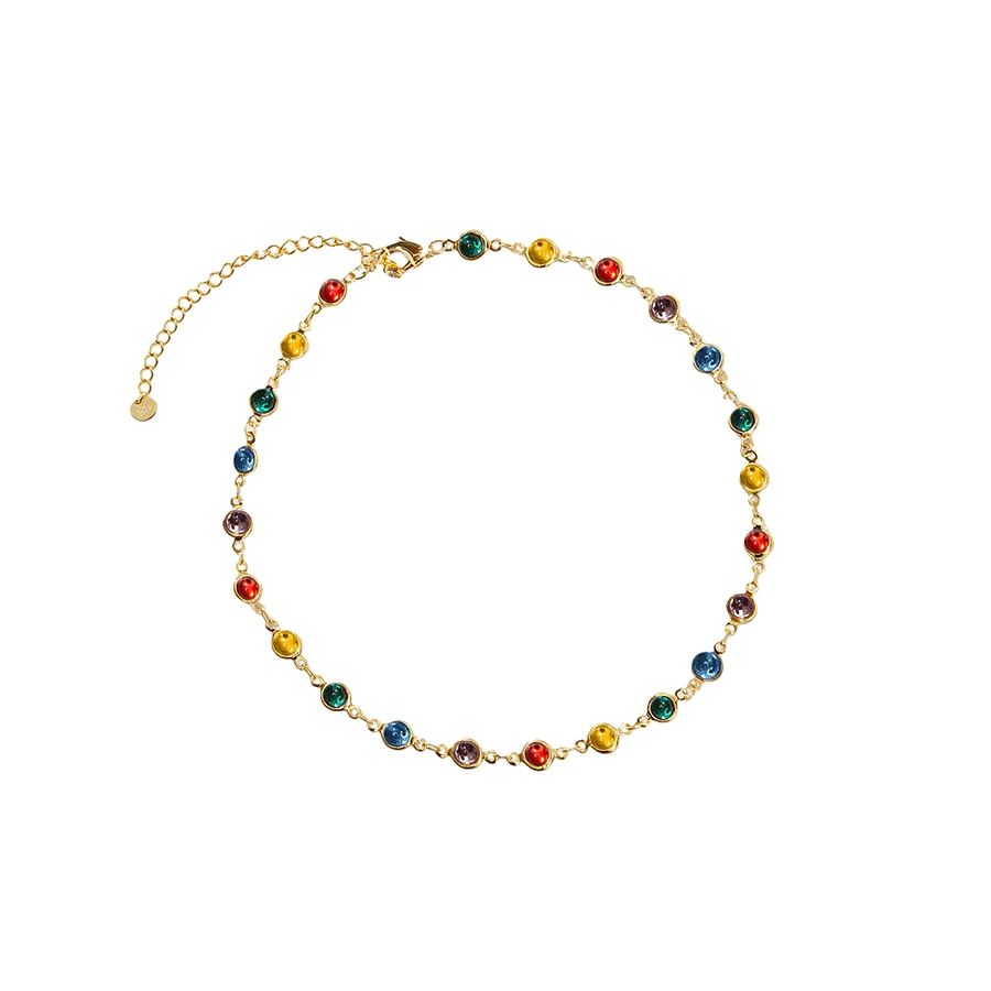 Infinity Choker Necklace rainbow station choker with bezel-set resin stones on white background