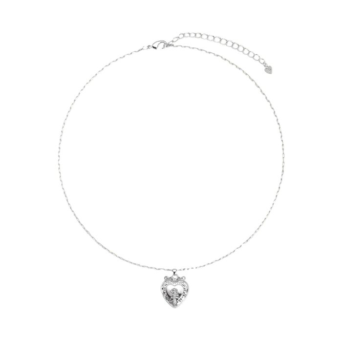 Adjustable silver heart locket necklace for photo memories with extender and heart charm, white background