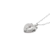 Front view of openable heart locket necklace for photo memories, silver-tone jewelry product shot