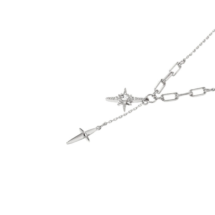 layering star necklace look—minimalist star necklace silver with a second dangling star charm