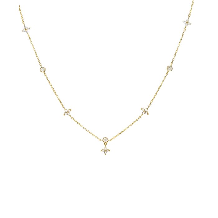 Lucky Clover Golden Necklace gold-tone station chain with CZ clover-floral charms on white background