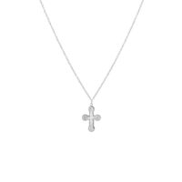 Front view of Mini Cross Necklace in rhodium plated brass with textured cross pendant for everyday layering