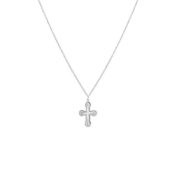 Front view of Mini Cross Necklace in rhodium plated brass with textured cross pendant for everyday layering