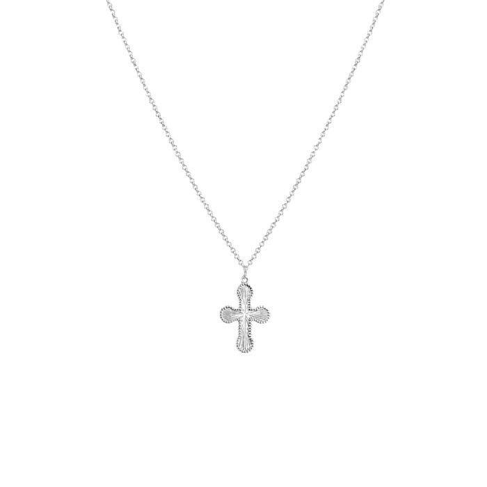 Front view of Mini Cross Necklace in rhodium plated brass with textured cross pendant for everyday layering