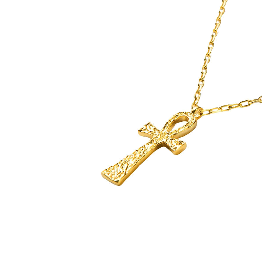 minimalist ankh necklace that fits the gold ankh necklace aesthetic—simple chain with textured Ankh charm