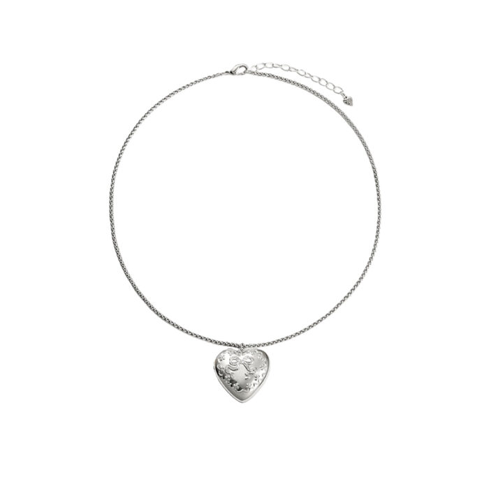 Openable heart locket necklace in silver tone with wheat chain, lobster clasp, extender, and small heart charm