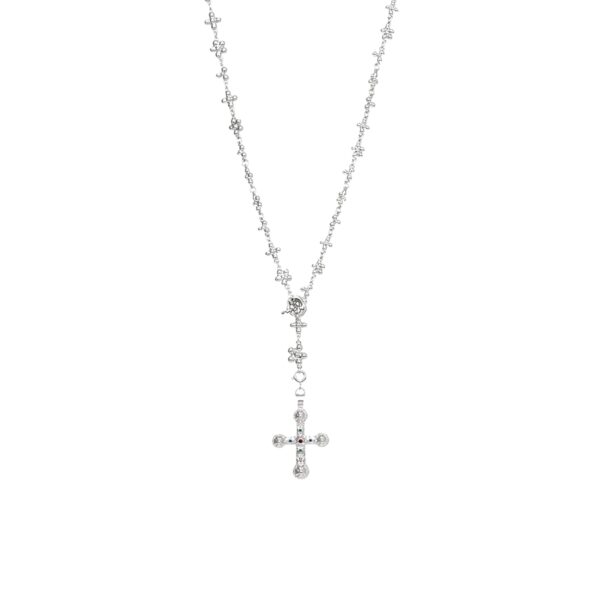 Silver Daisy Molecule Chain rosary necklace with gemstone cross