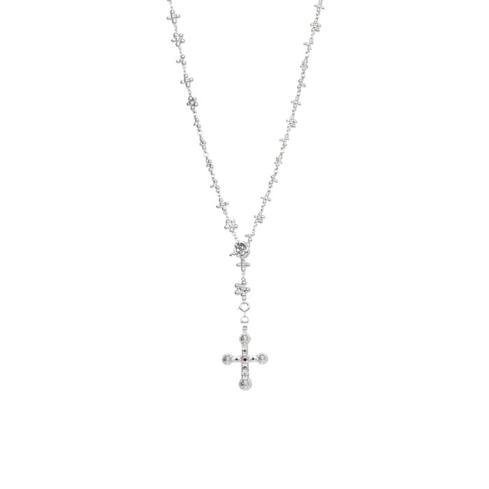 Silver Daisy Molecule Chain rosary necklace with gemstone cross