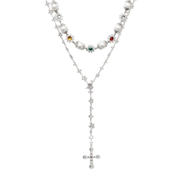 Silver Daisy Necklace Set layered rosary chain with cross pendant and pearl charms on white, clean girl necklaces