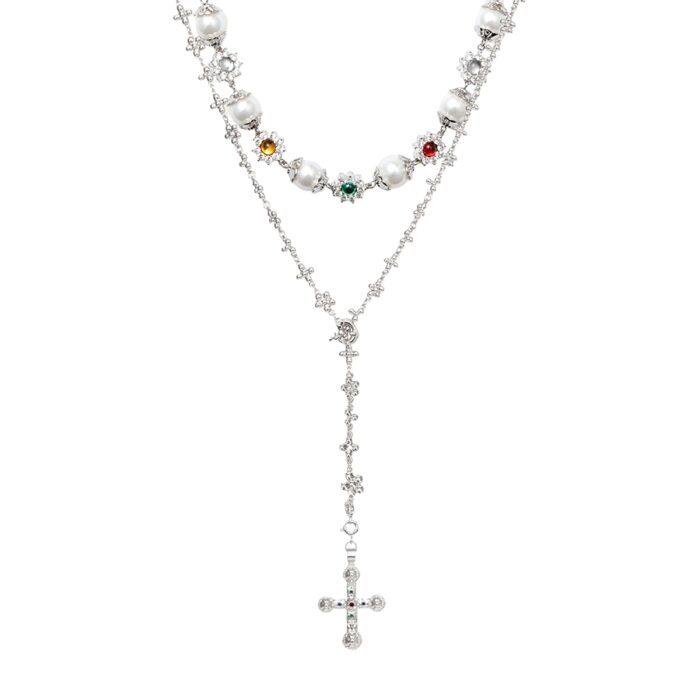 Silver Daisy Necklace Set layered rosary chain with cross pendant and pearl charms on white, clean girl necklaces