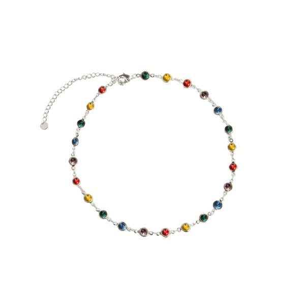 Silver Infinity Choker Necklace rainbow station choker with bezel-set resin stones on white background