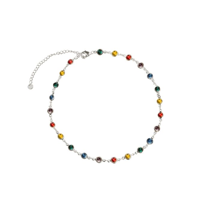 Silver Infinity Choker Necklace rainbow station choker with bezel-set resin stones on white background