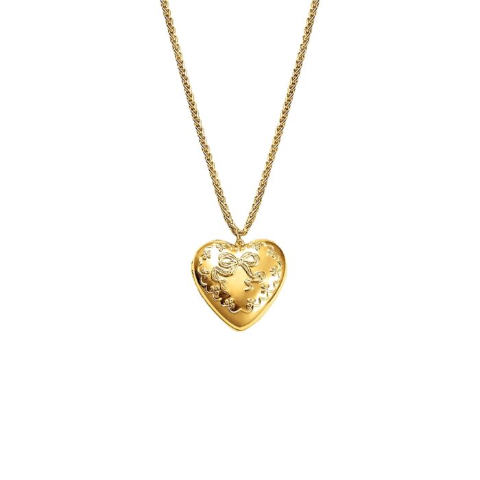 Tender heart locket necklace in 18k gold plated brass with embossed bow and floral details on a wheat chain