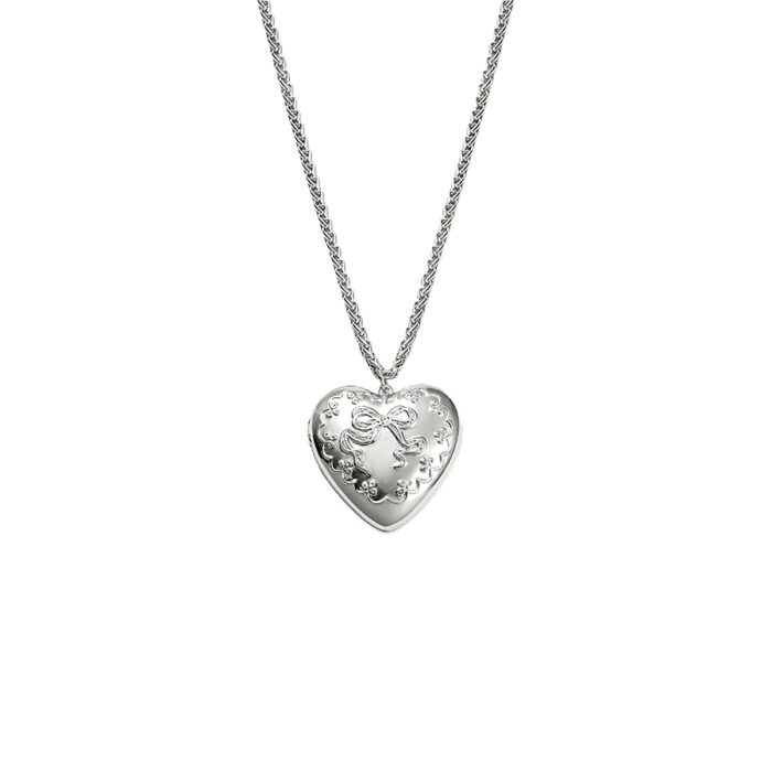Vintage-style silver tender openable heart locket necklace that opens for a photo, embossed bow detail on wheat chain