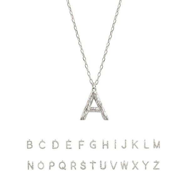 Textured Initial Letter Necklace in Silver with hammered silver initial necklace “A” pendant, studio product photo