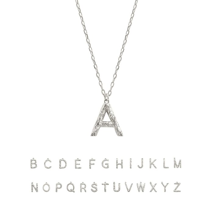 Textured Initial Letter Necklace in Silver with hammered silver initial necklace “A” pendant, studio product photo