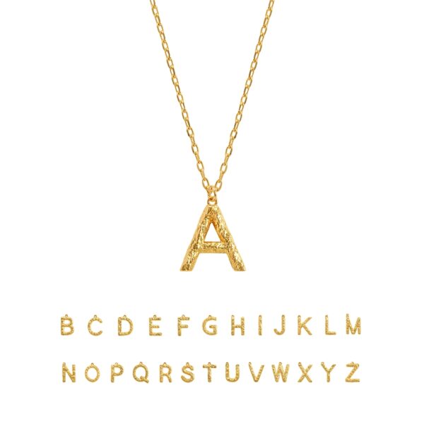 Minimal product photo featuring Textured Initial Letter Necklace and molten gold initial necklace pendant