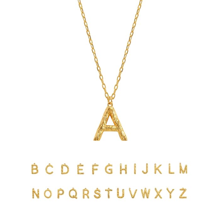 Minimal product photo featuring Textured Initial Letter Necklace and molten gold initial necklace pendant