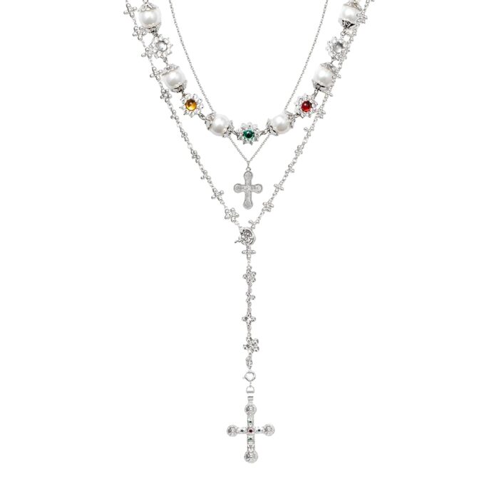 Urban Glam Necklace Set layered pearl and mini cross necklace stack in silver tone on white background