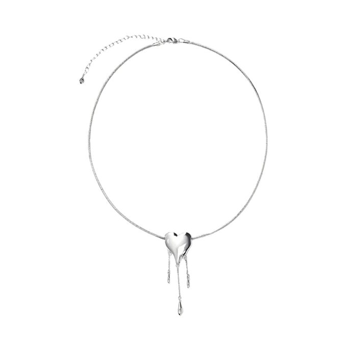 Venom Drip Heart Necklace on white background, silver snake chain with melting heart pendant and three drip dangles, Y2K outfit