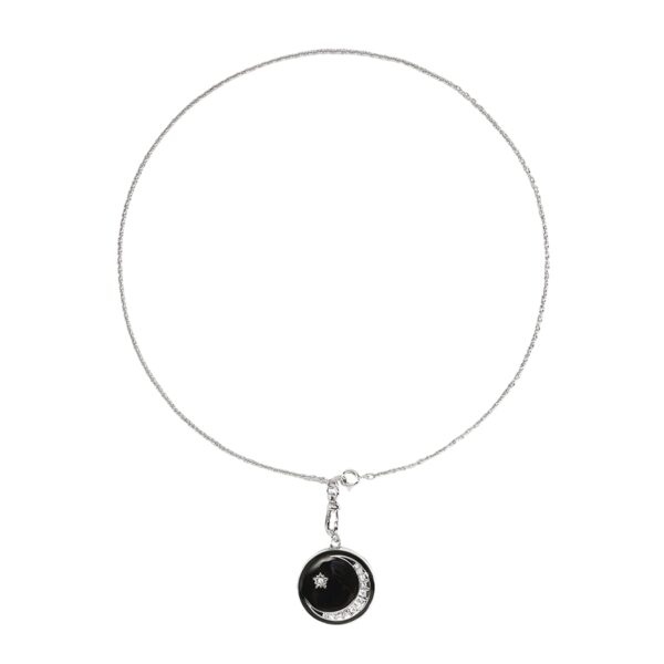 Zeldas Photo Locket Chain silver necklace with black enamel moon pendant on white background