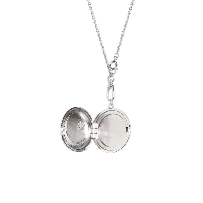 Open locket necklace product photo with polished silver finish and delicate chain